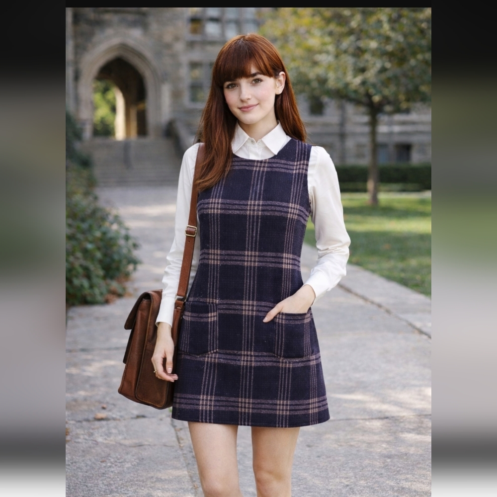 United Colors Of Benetton Navy Plaid Mini Dress